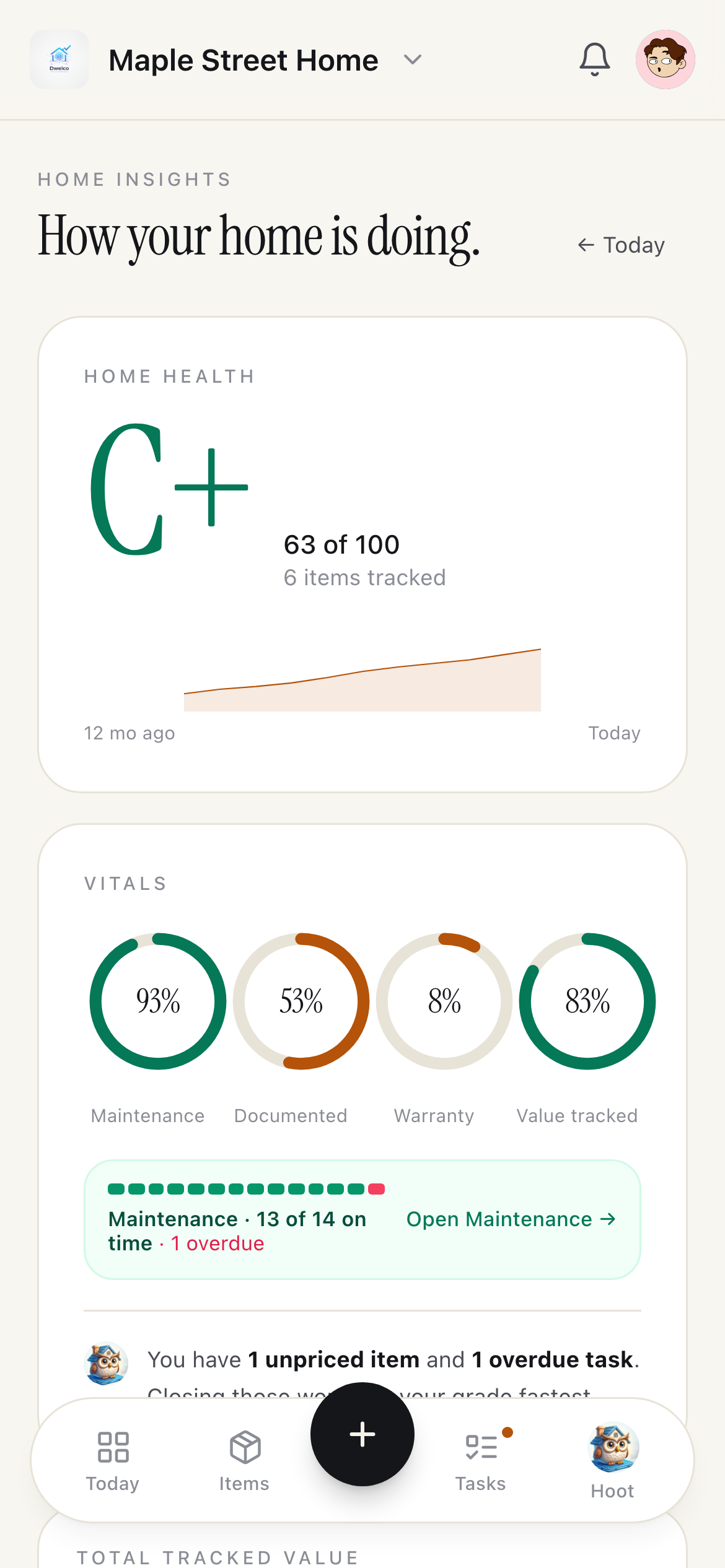 Insights view — Home health score C+, vitals breakdown