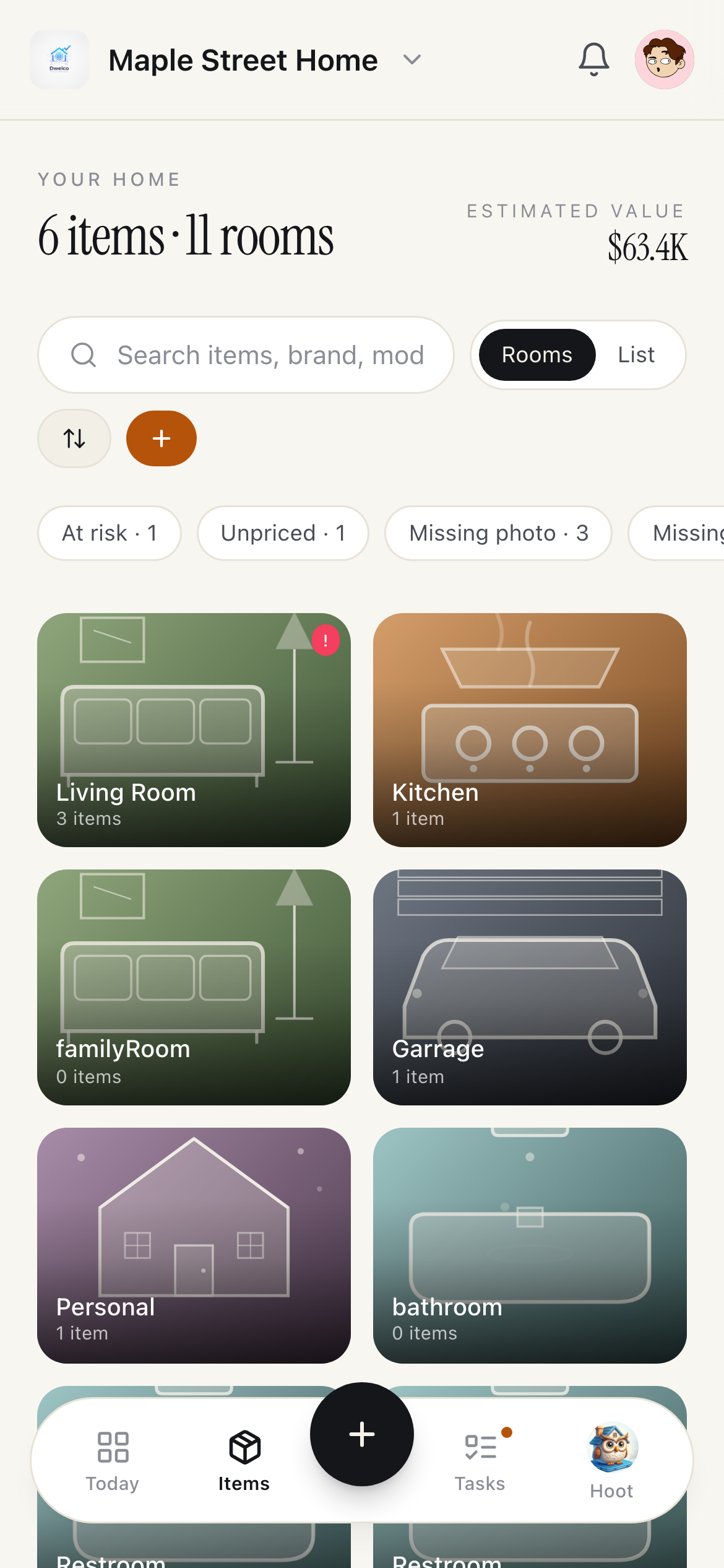 Items view — 6 items across 11 rooms, estimated value $63.4K