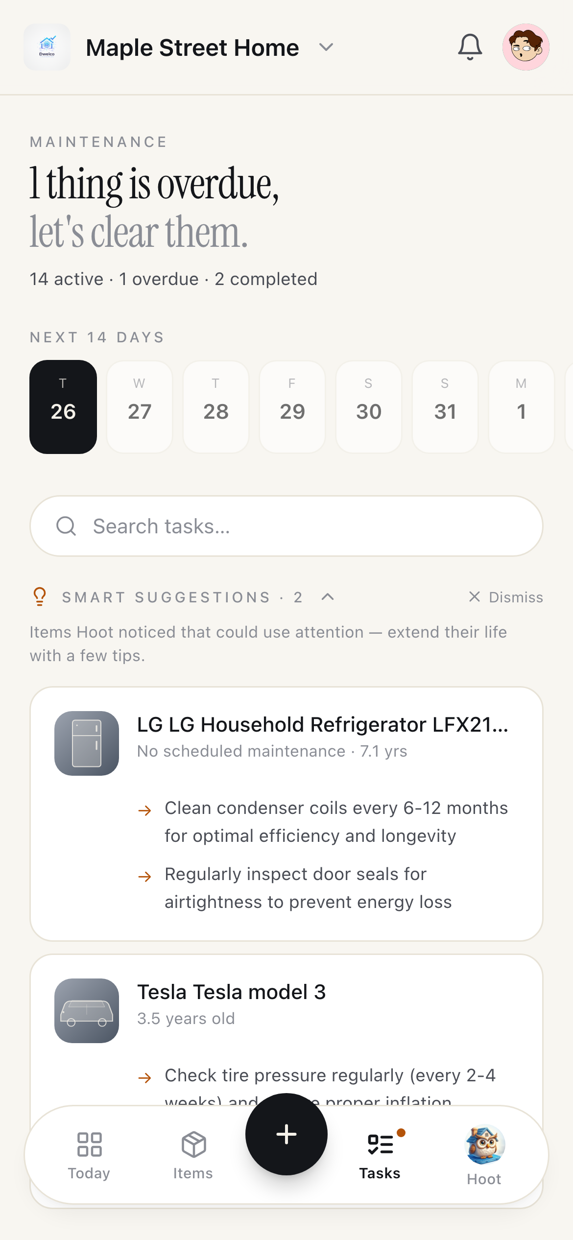 Tasks view — 1 overdue, 14 active, Hoot smart suggestions