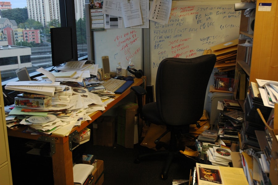 Cluttered desk with scattered papers and receipts