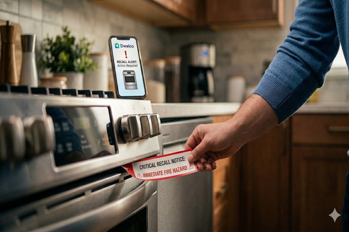 Homeowner receiving a Dwelco recall alert next to a recalled stove